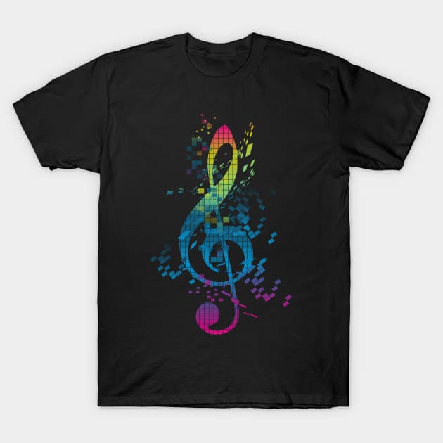 Black T-shirt with colorful digital music note design, perfect for casual wear, made from soft cotton.