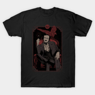 Black graphic t-shirt featuring vintage illustration with raven, ideal for casual wear, made of 100% cotton.