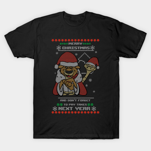 Black Christmas-themed T-shirt with festive cartoon design and humorous text, perfect for holiday parties.