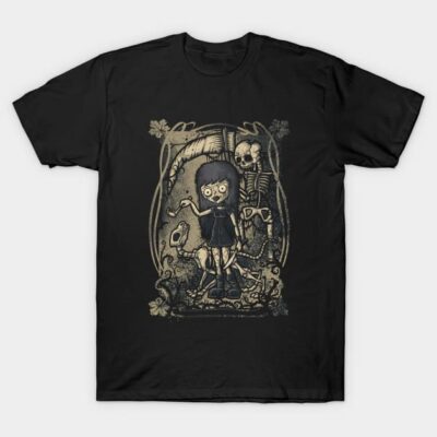 Black t-shirt with vintage skeleton illustration, gothic style, casual wear, 100% cotton.