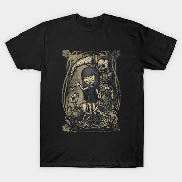 Black t-shirt with vintage skeleton illustration, gothic style, casual wear, 100% cotton.