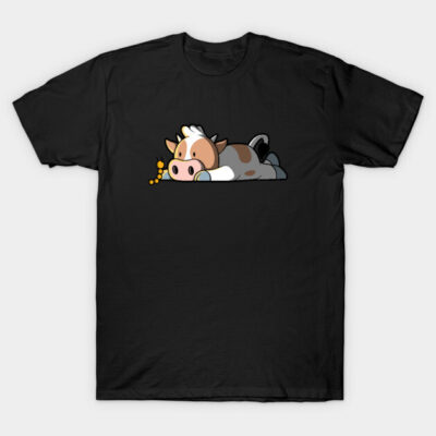Black t-shirt with cute cartoon cow design, casual style, perfect for everyday wear, soft cotton material.