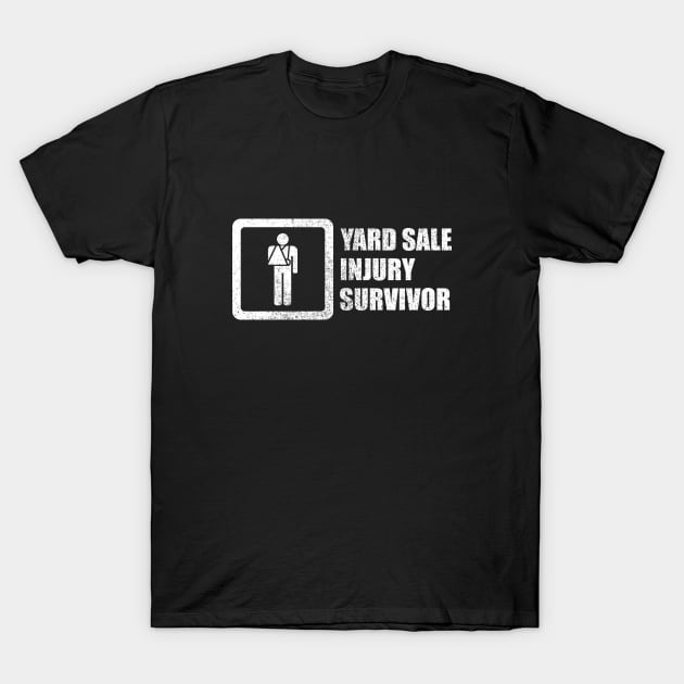 Black cotton t-shirt with humorous "Yard Sale Injury Survivor" graphic, casual style, perfect for everyday wear.
