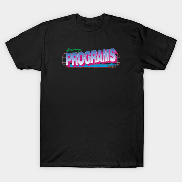 Black graphic t-shirt with retro "Greetings Programs" text design, casual style, ideal for everyday wear.