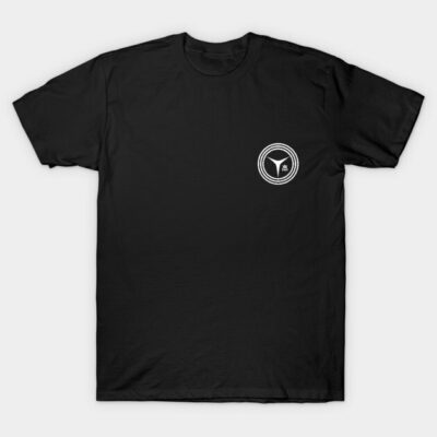 Black cotton t-shirt with white circular logo on chest, casual style for everyday wear.