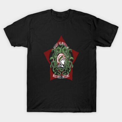 Black graphic t-shirt featuring a Medusa design with red and green accents, ideal for casual wear.