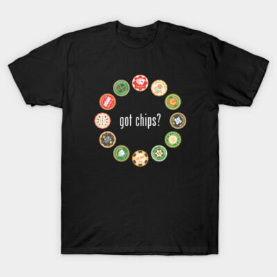 Black t-shirt with colorful poker chip design and "got chips?" text, casual cotton tee for poker enthusiasts.
