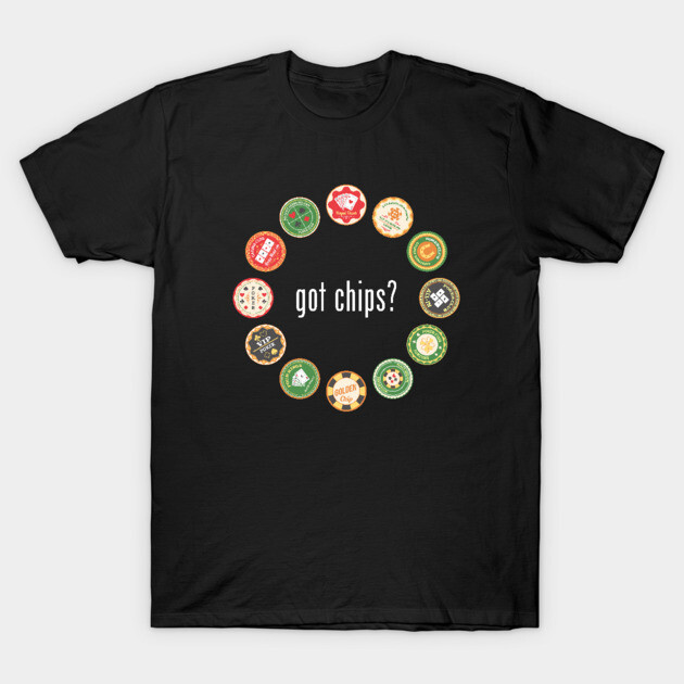 Black t-shirt with colorful poker chip design and "got chips?" text, casual cotton tee for poker enthusiasts.