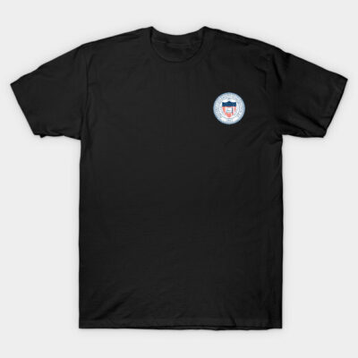 Black cotton graphic t-shirt with a small circular emblem on the chest, ideal for casual wear.