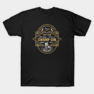 Black T-shirt with vintage "Swamp Gin" graphic print, casual style, made from cotton, ideal for everyday wear.