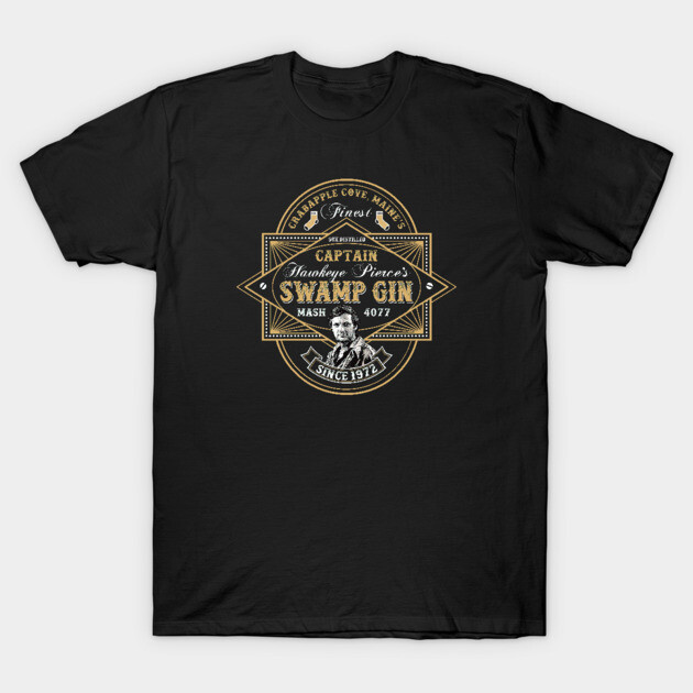 Black T-shirt with vintage "Swamp Gin" graphic print, casual style, made from cotton, ideal for everyday wear.
