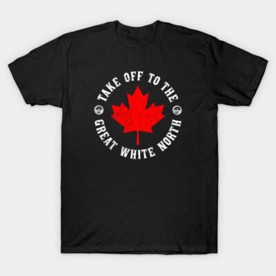 Black T-shirt with red maple leaf and "Take Off to the Great White North" design, casual wear, cotton material.