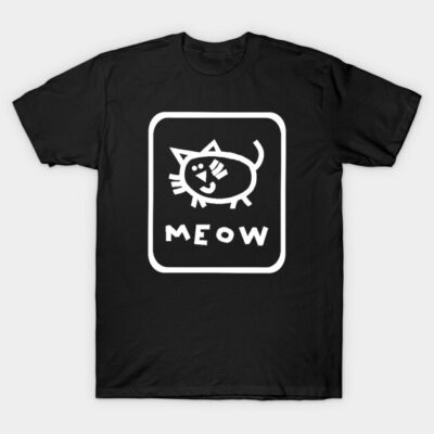 Black T-shirt with white cartoon cat and "Meow" text, casual style, perfect for cat lovers, 100% cotton material.