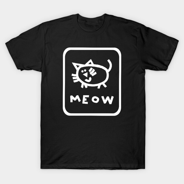 Black T-shirt with white cartoon cat and "Meow" text, casual style, perfect for cat lovers, 100% cotton material.