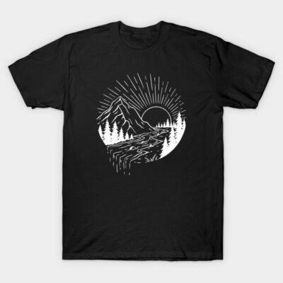 Black t-shirt with white mountain and forest graphic, casual style, perfect for outdoor enthusiasts, 100% cotton.