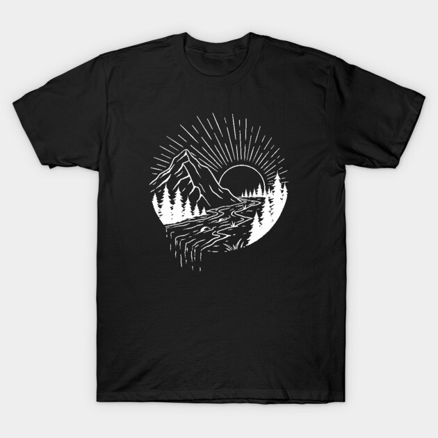 Black t-shirt with white mountain and forest graphic, casual style, perfect for outdoor enthusiasts, 100% cotton.