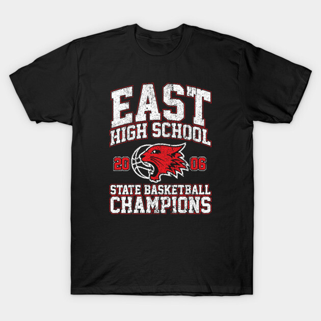 "Black East High School basketball champions T-shirt with bold red and white graphics, perfect for sports fans."