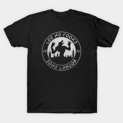 Black graphic t-shirt featuring Lee Ho Fooks Soho London design, casual streetwear, cotton material.