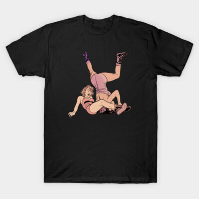 Black cotton T-shirt featuring a retro-style wrestling graphic, perfect for casual wear or sports enthusiasts.