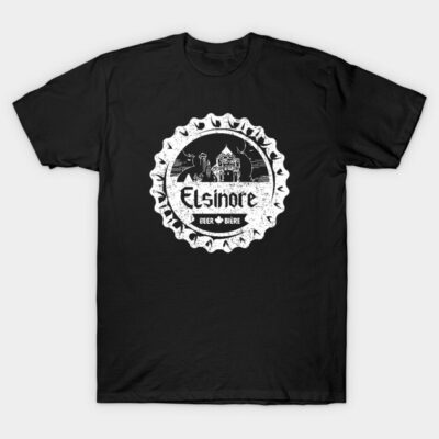 Black graphic t-shirt featuring vintage-style Elsinore beer bottle cap design, casual wear, soft cotton fabric.