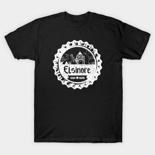 Black graphic t-shirt featuring vintage-style Elsinore beer bottle cap design, casual wear, soft cotton fabric.