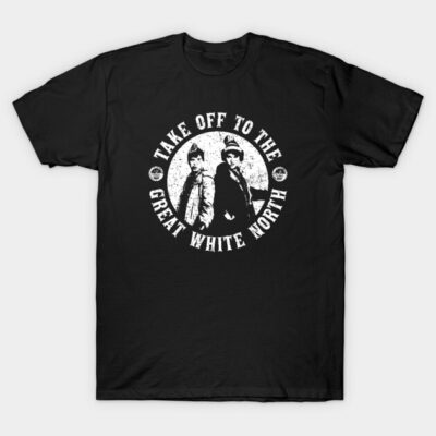 "Black graphic tee with 'Take Off to the Great White North' print, casual style, cotton material for everyday wear."