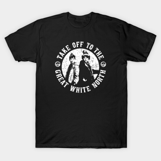 "Black graphic tee with 'Take Off to the Great White North' print, casual style, cotton material for everyday wear."
