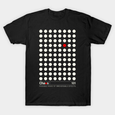 Black t-shirt featuring white and red dot pattern with "Chaos 101" text, casual style, soft cotton material.