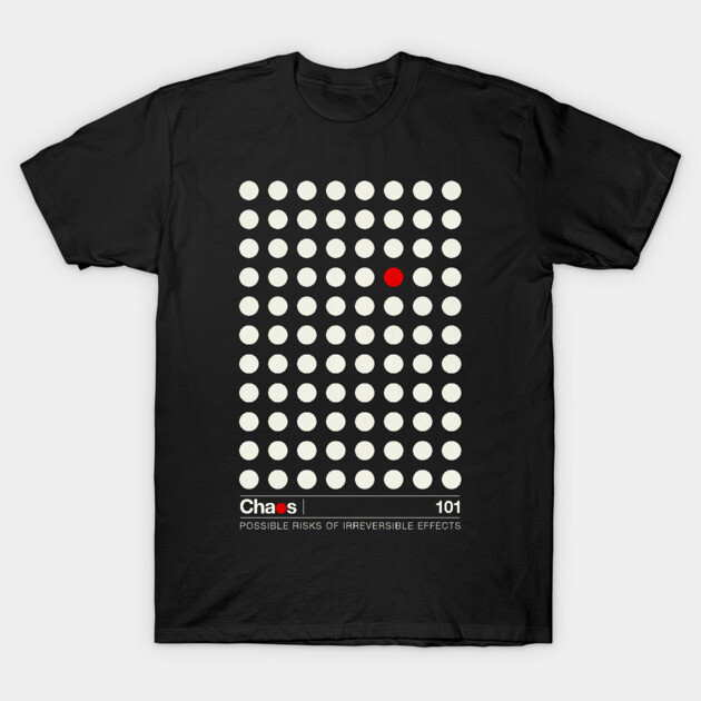 Black t-shirt featuring white and red dot pattern with "Chaos 101" text, casual style, soft cotton material.