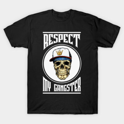 Black t-shirt with skull graphic wearing cap, "Respect My Gangster" text, casual streetwear fashion.