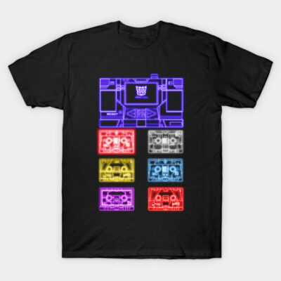 Black t-shirt with colorful retro cassette and player design, unisex style, perfect for casual wear and gifting.