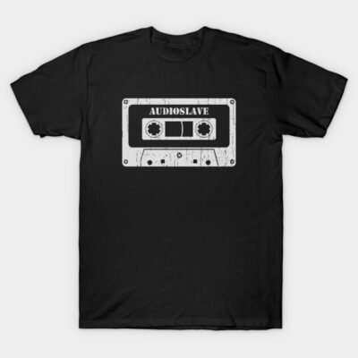 Black retro cassette graphic t-shirt with vintage design, unisex fit, cotton material, casual wear.