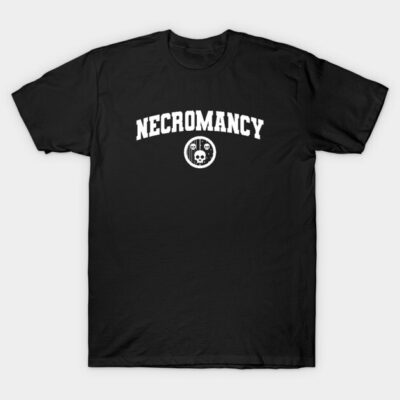 Black "Necromancy" T-shirt, gothic style, short-sleeve, cotton fabric, unisex design, ideal for casual wear.