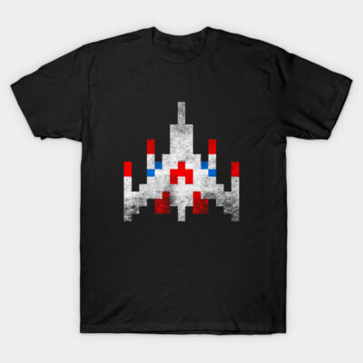 Black T-shirt with retro pixel spaceship design in red, white, and blue, ideal for casual wear and gaming enthusiasts.