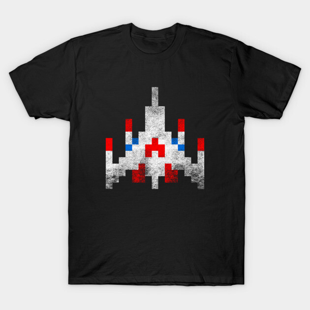 Black T-shirt with retro pixel spaceship design in red, white, and blue, ideal for casual wear and gaming enthusiasts.