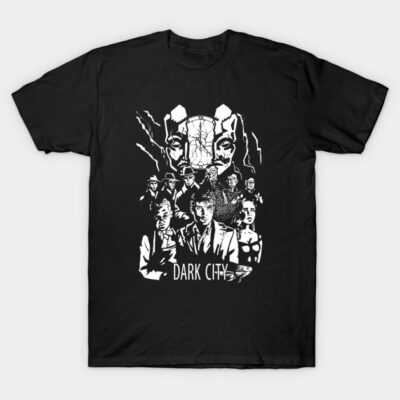 Black "Dark City" graphic tee, featuring bold white print, ideal for casual wear. 100% cotton, unisex style.
