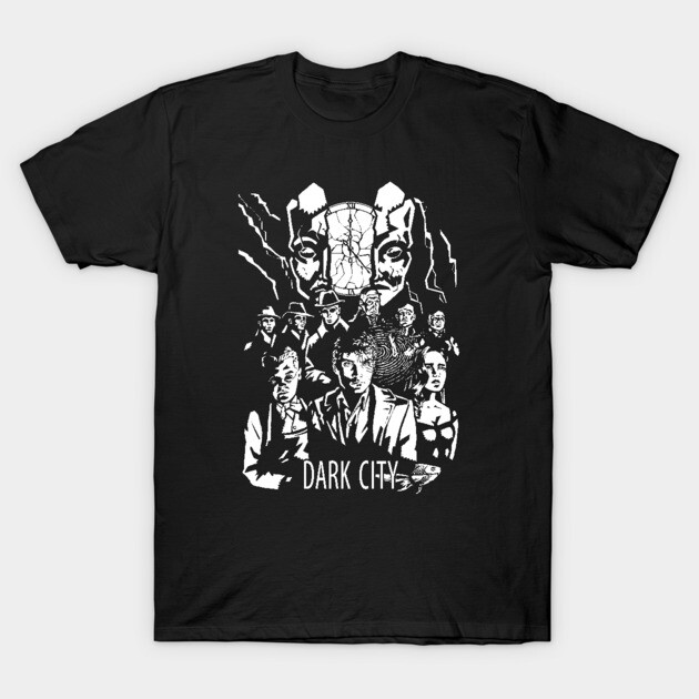 Black "Dark City" graphic tee, featuring bold white print, ideal for casual wear. 100% cotton, unisex style.