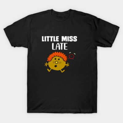 Black "Little Miss Late" graphic t-shirt with colorful character design, casual style, cotton material, unisex.