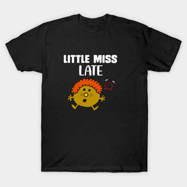 Black "Little Miss Late" graphic t-shirt with colorful character design, casual style, cotton material, unisex.