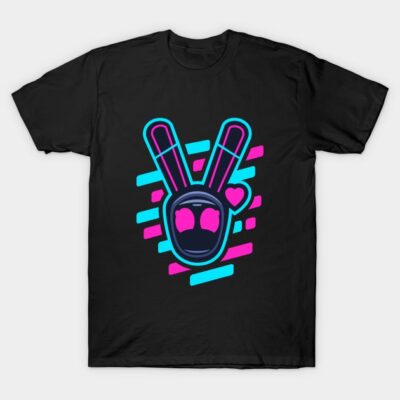 Black t-shirt with neon peace sign graphic, vibrant pink and blue accents, casual wear, 100% cotton material.