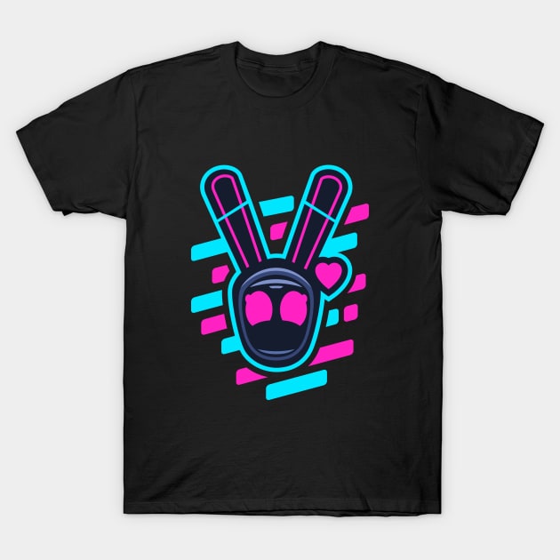 Black t-shirt with neon peace sign graphic, vibrant pink and blue accents, casual wear, 100% cotton material.