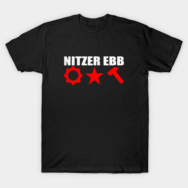 Black t-shirt with bold white text and red gear, star, and hammer symbols, perfect for casual wear.