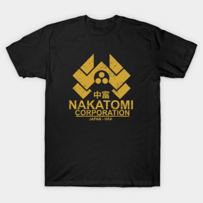Black t-shirt with vintage gold "Nakatomi Corporation" logo, casual fit, ideal for fans of retro style.