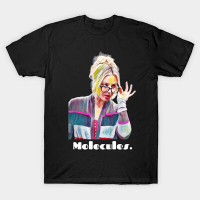 Black graphic t-shirt with colorful illustration and "Molecules" text, casual style, cotton material.