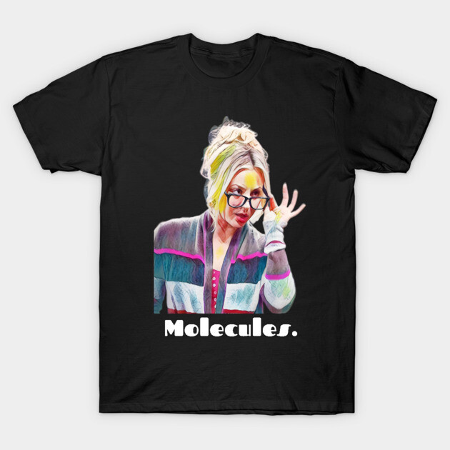 Black graphic t-shirt with colorful illustration and "Molecules" text, casual style, cotton material.