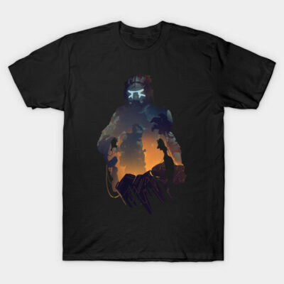 Black sci-fi themed graphic t-shirt, featuring colorful futuristic design, ideal for casual wear.
