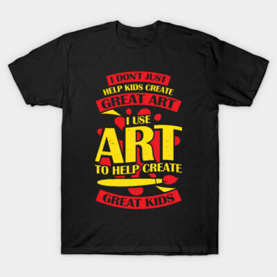 Black T-shirt with bold red and yellow text design, perfect for art teachers or creative enthusiasts.