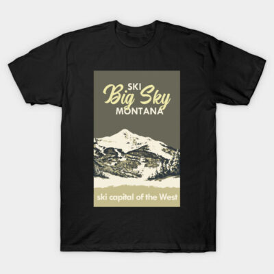 Black "Ski Big Sky Montana" graphic T-shirt, featuring mountain design, casual wear, 100% cotton, unisex style.
