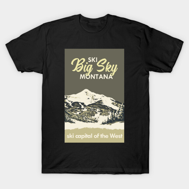 Black "Ski Big Sky Montana" graphic T-shirt, featuring mountain design, casual wear, 100% cotton, unisex style.