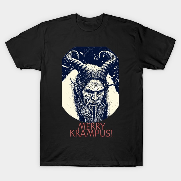 Black "Merry Krampus" graphic tee featuring intricate horned creature design, perfect for holiday or casual wear.